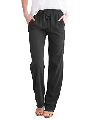 Image of UMIPUBO Womens Straight Leg Jogger Trousers Cotton and Linen Full Length Casual Full Elasticated Waist Bottoms Summer Drawstring Pants (Black, XXL)