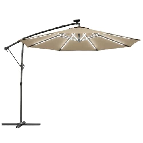 Image of Outsunny 3 m Garden Cantilever Parasol with LED Solar Light, Round Overhanging Umbrella with 6-Position 360° Rotation, Crank Handle, Tilt, Cover, Banana Patio Umbrella for Outdoor Sun Shade, Khaki