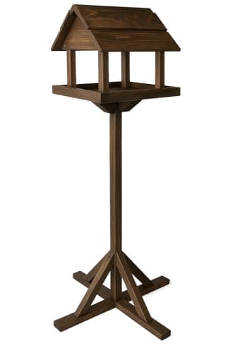 Image of Deluxe Dark Wooden Bird Feeding Garden Table – Large Outdoor Free-Standing Bird Feeder House for Wild Birds, Traditional Rustic Wooden Bird Table with Roof Shelter for Garden, Patio & Backyard