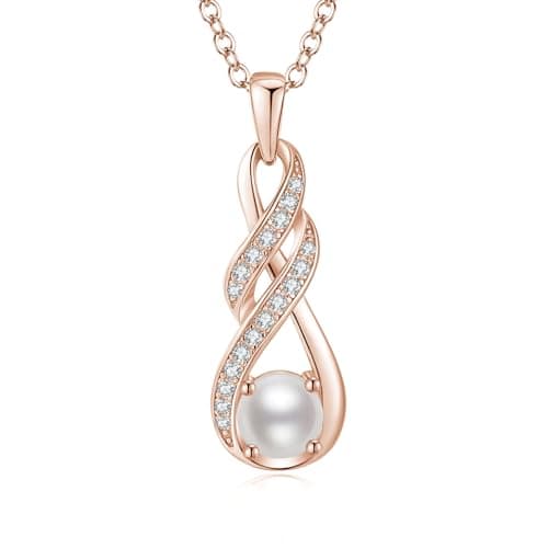 Image of LOCIBLO June Birthstone Necklaces for Women 925 Sterling Silver Infinity Pendant 18K Rose Gold Plated White Pearl Necklace Jewellery for Her, 16"+2"