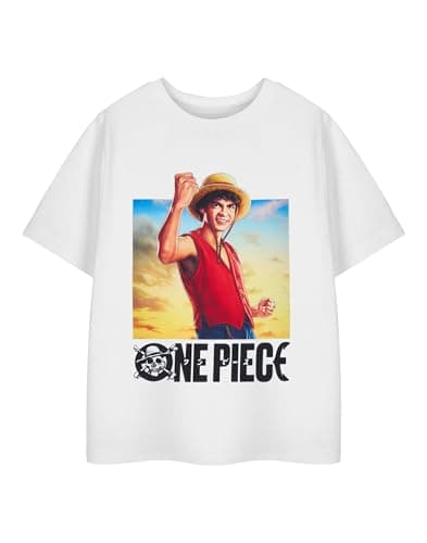 Image of One Piece Luffy Boys Graphic Tee in White | Short Sleeved T-Shirt for Kids | Anime Manga Character Shirt | Monkey D. Luffy Pirate Apparel Top for Him | Japanese Cartoon Merchandise Gift
