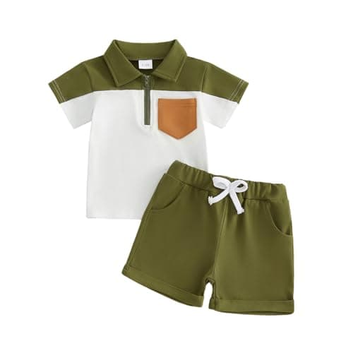 Image of JCOPLY Toddler Baby Boy Summer Outfit Short Sleeve Lapel Zip Up Contrast color Polo Shirt Tops Elastic Shorts Set Two Piece Casual Clothes for Kids (Army Green, 2-3T)