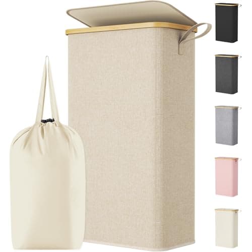 Image of Lifewit 75L Slim Laundry Basket with Lid, Narrow Laundry Bin with Removable Bag & Bamboo Handles, Foldable Thin Dirty Clothes Hamper for Laundry, Bathroom, Bedroom, Dorm (Beige)
