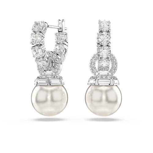 Image of Swarovski Matrix Drop Earrings, Clear Round-Cut Crystals and Crystal Pearls in a Rhodium-Finished Setting, Part of the Swarovski Matrix Collection