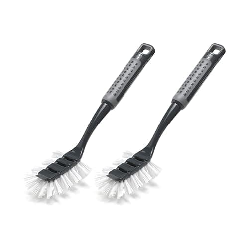 Image of Addis ComfiGrip Washing Up Dish Brush with Scraper, Metallic Graphite – Twin Pack - Soft-Touch Handle - Non-Scratch Bristles - Everyday Kitchen Cleaning - 2 Pack