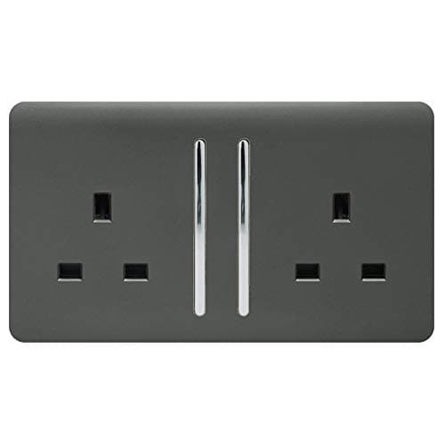 Image of Trendi 2 Gang Raised Artistic Modern Glossy Screwless 13 Amp Single Pole with Chrome Switched UK Standard Electrical Double Wall Plug Socket in Charcoal Grey - ART-SKT213LCH