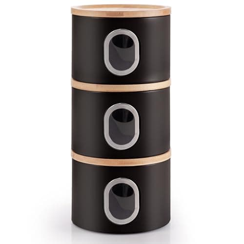 Image of EHC Set of 3 Kitchen Storage Canisters for Tea Coffee Sugar, Transparent Window Airtight Kitchen Multi purpose Containers, Black