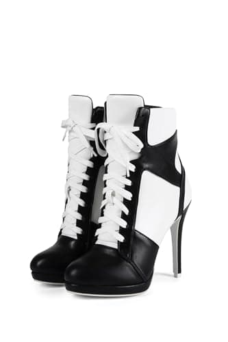 Image of Frankie Hsu Stiletto Sport Basketball High Heeled Ankle Boots, Black White Sneaker Bootie, Big Size Fashion Designer Shoes For Women Men, Black, 11 UK