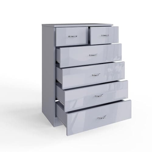 Image of FWStyle Grey High Gloss Tall 6 Drawer Chest Bedroom Furniture Matt Grey Frame. H100 x W70 x D40cm.