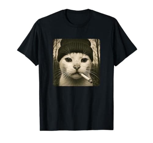 Image of Funny Smoking Cat Meme Cigarette Grunge Beanie Aesthetic T-Shirt