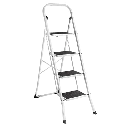 Image of VonHaus Step Ladder – Premium Quality Folding Step Ladder for DIY and Gardening - Durable Steel Step Ladder - Easy to Store Step Ladders, 150KG Max Capacity (White, 4 step)