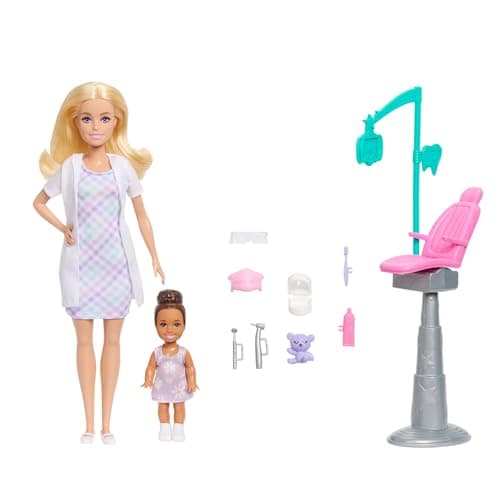 Image of Barbie Careers Dentist Playset with Blonde Doll Wearing White Coat, Toddler Small Doll, Examination Chair & Accessories, JMK14