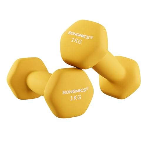 Image of SONGMICS Set of 2 Dumbbells, 2 x 1 kg Hand Weights with Neoprene Coating, Hexagonal Dumbbells Pair, Home Workout, Fitness Training Exercise, Yellow SYL62YL