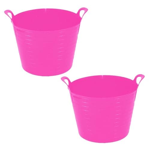 Image of FotoStation Set of 2 - PINK 40L/42L Litre Flexi Tub Round Flexible Plastic Tubs Laundry Cloths Toys Storage Bucket Robust Versatile Multipurpose Garden Container for Horse Feed Trug Tubs