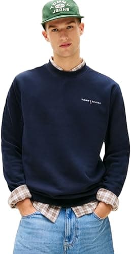 Image of Tommy Jeans Men's Tjm Reg Linear Crew Ext Dm0Dm20249 Pullover Sweatshirt, BLUE (Dark Night Navy/Sweet Blue), XL