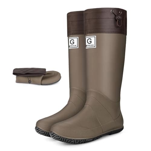 Image of UK 8 WOMEN’s Foldable Mid Calf Wellies Rain Boots- Rubber Boot with Adjustable Cuff Drawtring Anti Slip Lightweight Wellington Boots Full Length Knee High for Festival & Gardening Outdoor Work Brown