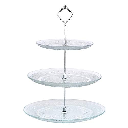 Image of Nyxi 3 Tier Cake Stand Afternoon Tea Serving Plate Embossed Glass Cake Stand Round Display with New Crown Fittings