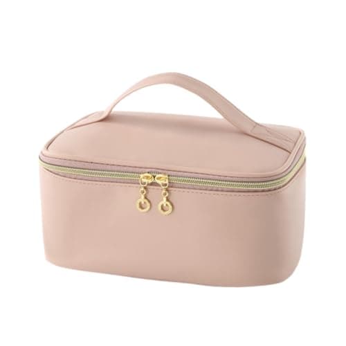 Image of LoveFirst Travel Makeup Bag Portable Cosmetic Bags with Brush Compartment with Handle Large Capacity Pu Material Waterproof Cosmetic Organiser Toiletry Bag for Women Travel Essentials(Colour: Pink)