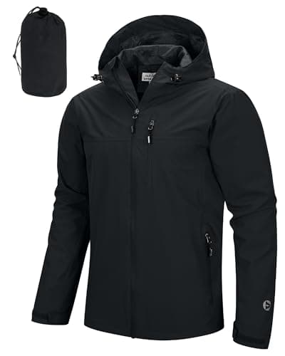 Image of Outdoor Ventures Men's Lightweight Waterproof Jacket Windproof Rain Coats Pack Away Hooded Jackets Windbreaker for Camping Fishing Running Cycling Black L