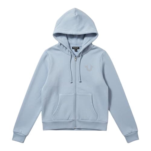 Image of True Religion Women's Fashion for the Senses Horseshoe Crystal Zip Hoodie in Dusty Blue 600948, Dusty Blue, Large
