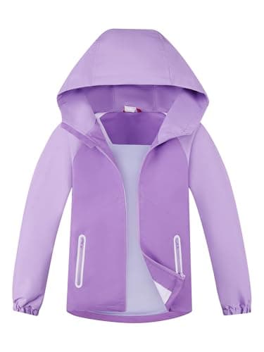 Image of SERENYOU Girls Waterproof Jackets Kids Mesh Lined Raincoat Hooded Windbreaker Coat 7-8 Years, Size 130 Purple