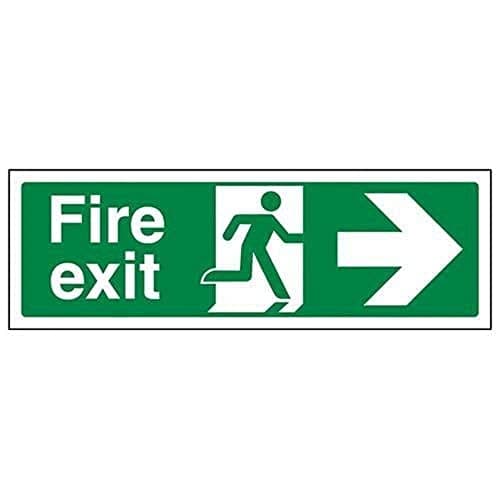 Image of V Safety Fire Exit Arrow Right Sign - Landscape - 300mm x 100mm - 2mm Rigid Plastic, 14004AX-R2