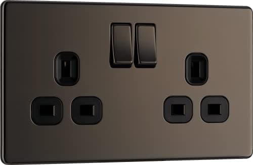 Image of BG Electrical Double Switched Power Plug Wall Socket, Flatplate Screwless, Black Nickel, 13A, FBN22B