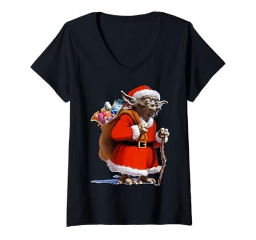Image of Womens Star Wars Christmas Yoda Santa Claus Costume V-Neck T-Shirt