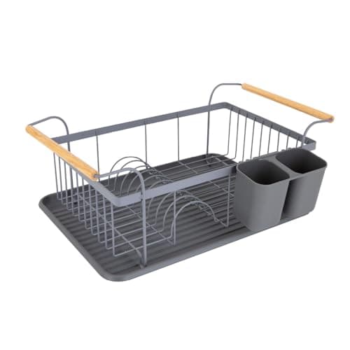 Image of Tower Scandi Dish Drainer Rack with Removable Drip Tray and Cutlery Holder, Grey with Wood Effect Handles One Size, T847009GRY