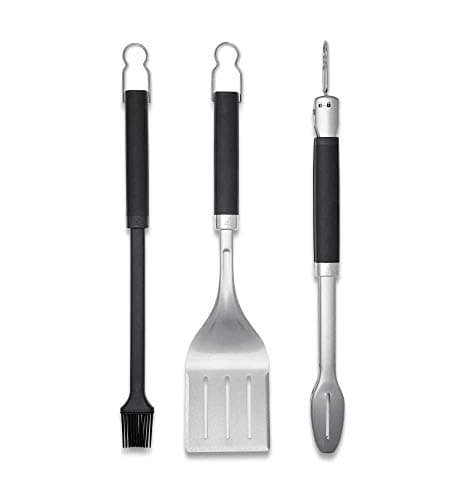 Image of Weber Premium Grill Tool Set, 3-piece made of stainless steel, consisting of grill tongs, turner, and brush, with practical handles, dishwasher safe - Silver (6764)