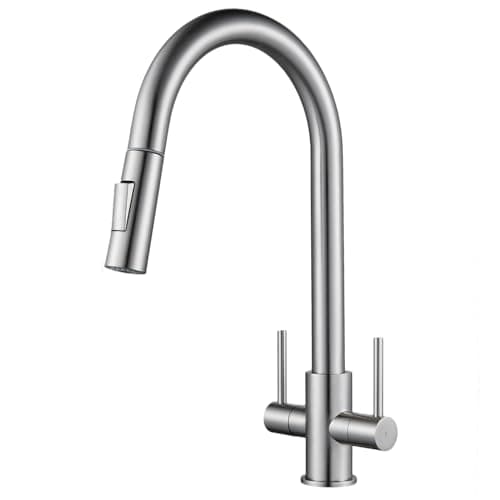 Image of Kitchen Tap with Pull Out Sprayer Brushed Nickel Dual Lever Kitchen Sink Mixer Tap Swan Neck One Hole Monobloc Faucet