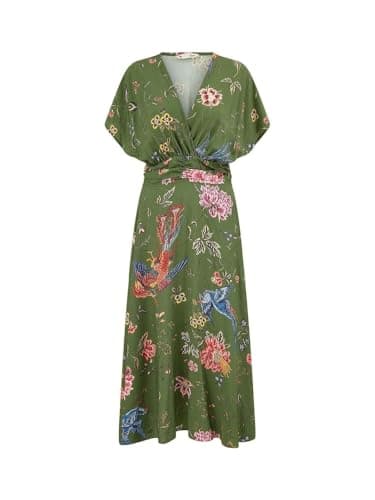 Image of Yumi Green Bird and Floral Print Ruched Waist Kimono Midi Dress (UK, Numeric, 12, Regular, Regular, Green)
