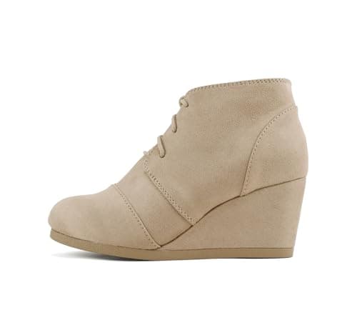 Image of CITYCLASSIFIED “REX” ~ Women Lace Up Rounded Toe Low Wedge Ankle Bootie, Light Taupe Imsu, 8 UK