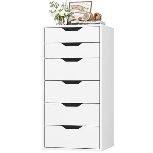 Image of FOREHILL White Chest of Drawers Bedroom Tall Storage Cabinet with 6 Drawers Dresser Cabinet Bedroom Furniture Wooden Cupboard for Living Room Hallway 45x40x90.5cm
