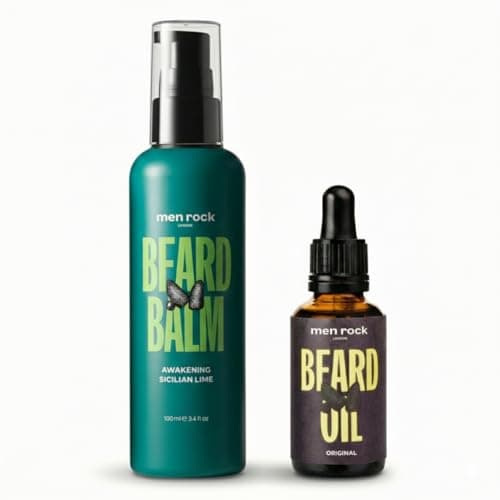 Image of Men Rock Beard Oil and Balm Set – Awakening Beard Balm with Sicilian Lime & Caffeine + Rosemary Beard Oil with Vitamin E, Grapeseed & Cedarwood, Beard Balm and Oil Kit for Men