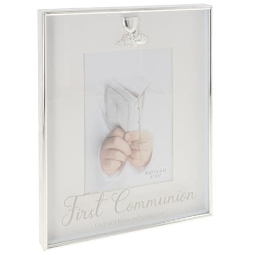Image of Shudehill Giftware Silver Script Frame – 1st Communion 4x6 Photo Keepsake with Chalice Design & Blessing Message – Religious Gift for Boys & Girls
