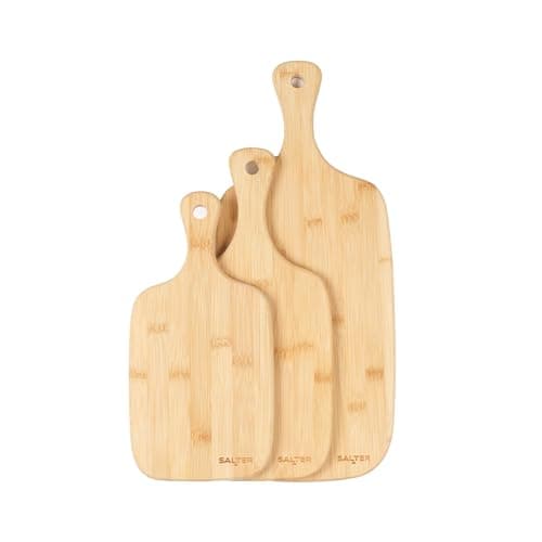 Image of Salter Wooden Chopping Boards - 3 Piece Bamboo Chopping Board Set - 30cm, 35cm, 45cm, Chop, Cut & Carve Meat, Vegetables, Cheese & Bread, Protects Worktops, Paddle Handles with Hooks, BW06732EU7