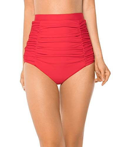 Image of Ocean Blues Women's Red High Waisted Bikini Bottoms Tummy Control Swimwear Ruched Beach Briefs Size Large