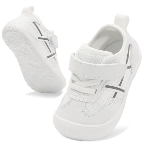 Image of JIASUQI Baby Barefoot Sneakers Boy Girls First Walking Shoe Infant Breathable Casual Sneakers Lightweight Non-Slip Crib Shoes Indoor Outdoor(White 138,18-24 Months)