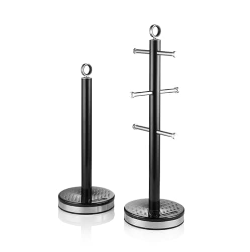 Image of Swan Elegance Kitchen Towel Pole and 6 Cup Mug Tree Set with Textured Gloss Finish, Stainless Steel Accents and Non-Slip Bases, Black