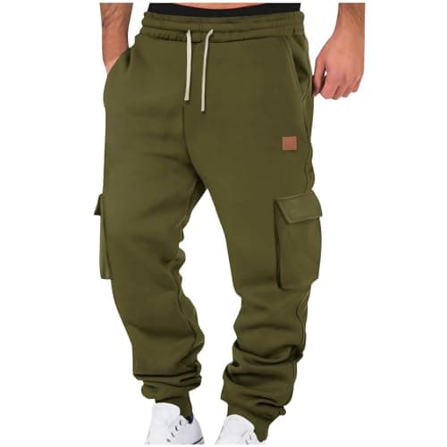 Image of RLEHJN Fleece Lined Cargo Trousers Mens Joggers Winter Thermal Work Trousers Casual Solid Color Cargo Pants Combat Pants Loose Fit Tracksuit Bottoms Outdoor Work Wear Cargos with Pockets Army Green