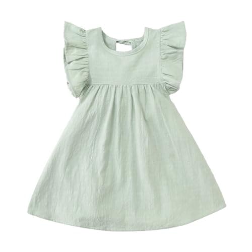 Image of Eqenkely Toddler Baby Girls Dress Cotton Linen Ruffle Sleeveless Casual Summer Party Dresses Sundress Green 4-5 Years