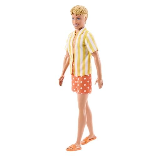 Image of Barbie Fashionistas Style Ken Doll #252 with Blond Hair, Wearing Orange and Yellow Polka-Dot Board Shorts with Yellow and White Striped Shirt, Orange Shoes, JJN66