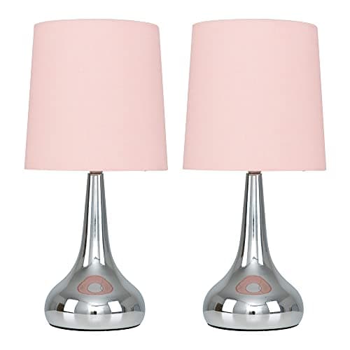 Image of MiniSun | Modern Chrome Teardrop Touch Table Lamps with Pink Fabric Shades | Table Lamps, Home Décor & Improvement Essential | Set of 2 | Includes 5W LED Bulbs [3000K Warm White]