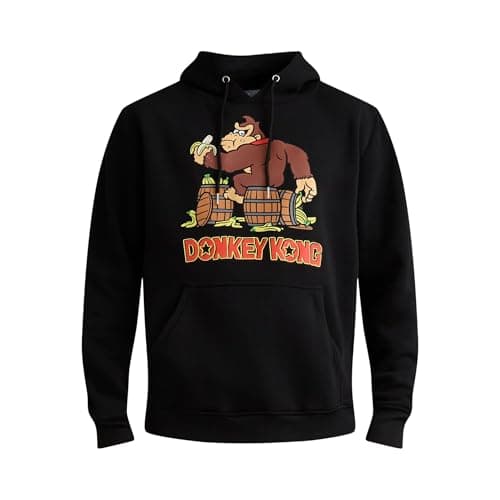 Image of Nintendo Super Mario Donkey Kong Hoodie for Men, Fleece Donkey Kong Banana and Barrels Character Hoodie, DK Sweatshirt, Black, L