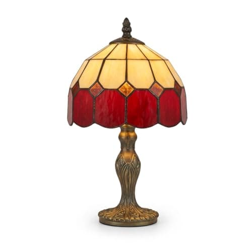 Image of Loxton Lighting Bistro Stained Glass Tiffany Table Lamp Complete for Bedside Table Coffee or and Table or for Night Light (Red)