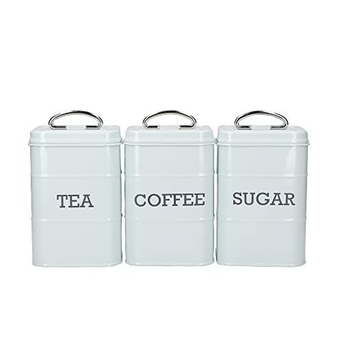 Image of KitchenCraft Living Nostalgia Canisters for Tea Coffee and Sugar in Gift Box, Steel, Vintage Blue, 3 Piece Set