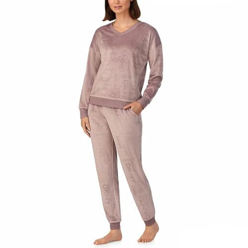 Image of DKNY Ladies Lounge Set Luxurious Plush Stretch Velour 2 Piece UK SIze Velvet Tracksuit For Women Subtle V-Neck (Taupe, S)