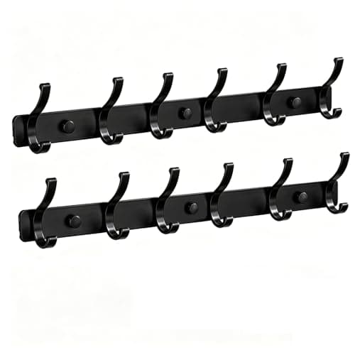 Image of Dntorx Coat Rack Wall Mount, 2 Pack Black Coat Hooks Hanger with 12 Hooks Wall Double Hook Rack Rail Towel Hat Rack Entryway Bathroom Hanger Organizer for Robes, Clothes, Bags, Hat