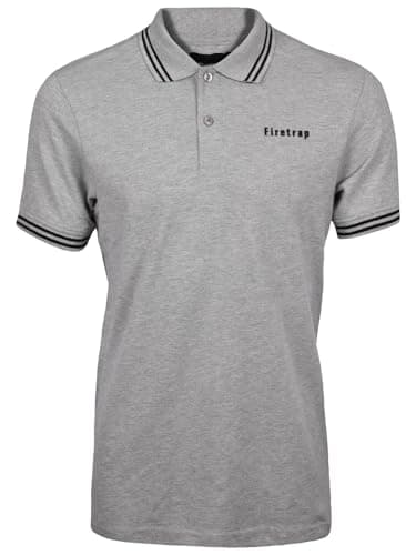 Image of Firetrap Mens Polo Shirt Cotton Polos Tshirt Short Sleeve Summer Ribbed Tipping Collar Tshirts Top Grey Marl L